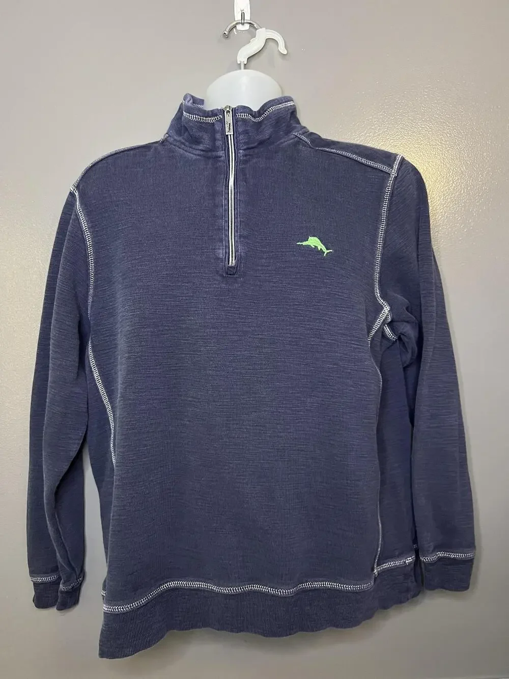 Tommy Bahama Sweatshirt Mens Large Blue 1/4 Zip Knit Pullover Mock Neck Logo